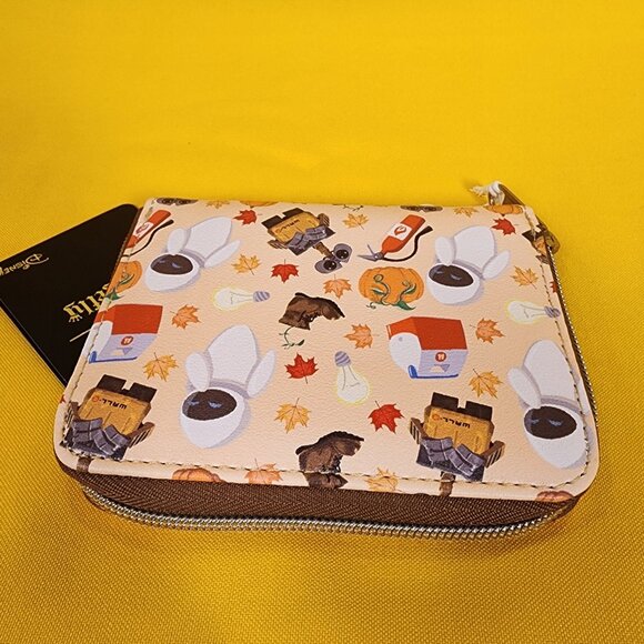 Loungefly Disney Pixar WALL-E & Eve Fall Autum Leaf Pumpkin Icons Zipper Wallet - Picture 10 of 13